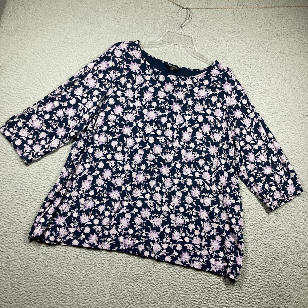 J. Jill Wearever Top Women XL Navy Dark Floral Boat Neck Elbow Sleeve Stretch